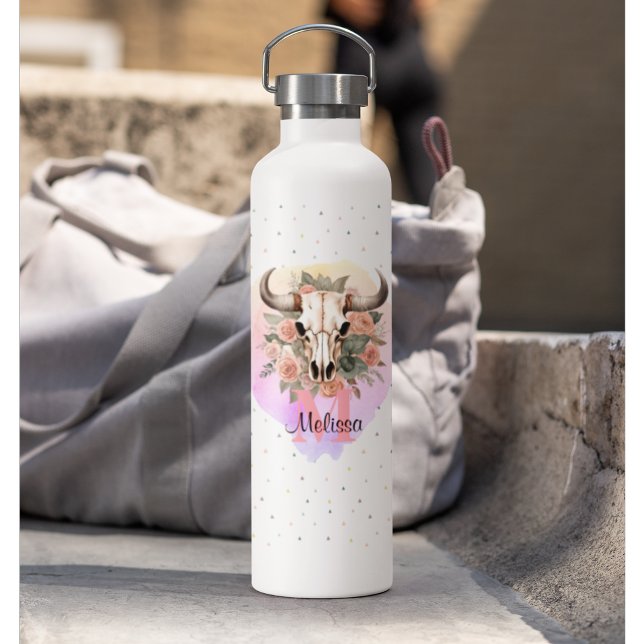 Botella De Agua Boho Floral Bull Cow Monograma Bonito Occidental (Boho Floral Bull Cow Skull Western Water Bottle)