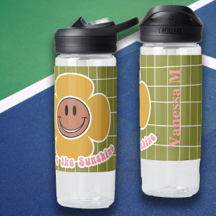 Botella De Agua Boho Smiley Good Vibes Olive Pink Custom Name