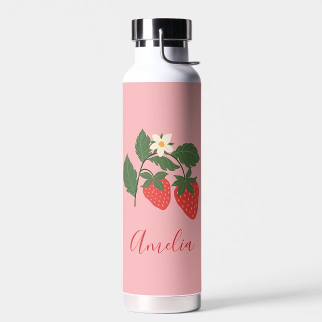 Botella De Agua Boho Strawberry Fruit Pink Personalized Name (Izquierdo)