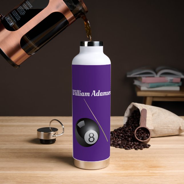 Botella De Agua Bola de Billar y Taco Personalizable  (Café (girado))