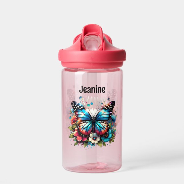 Botella De Agua Bonito Azul mariposa y flores personalizadas (Delante)