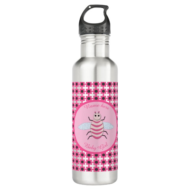 Botella De Agua Bonito Bebé Rosa Bee Personalizado (Anverso)