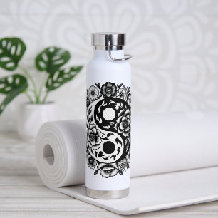 Botella De Agua Bonito Floral blanca y negra Yin Yang