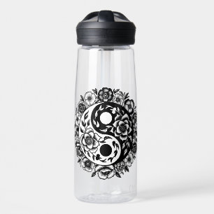 Botella De Agua Bonito Floral blanca y negra Yin Yang personalista