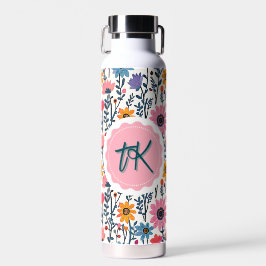 Botella De Agua Bonito Flores Coloridas y caprichosas Monogramadas