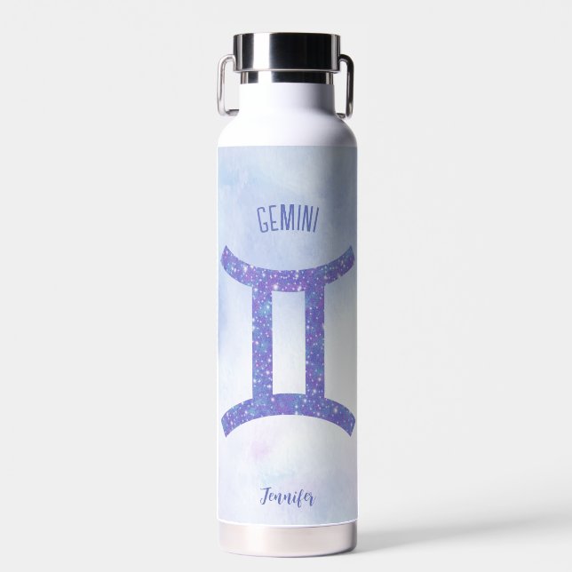 Botella De Agua Bonito Gemini Astrología Rótulo Púrpura Personaliz (Delantero)