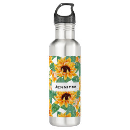 Botella De Agua Bonito Patrón de girasol amarillo y verde
