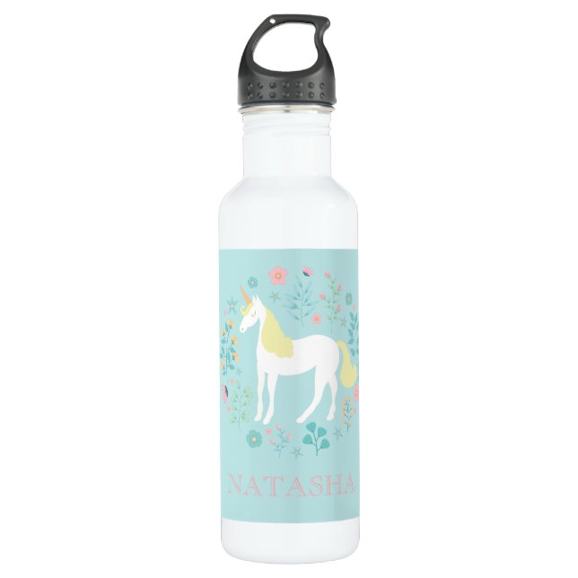 Botella De Agua Bonito Unicornio y Flores Aqua Personalizada (Anverso)