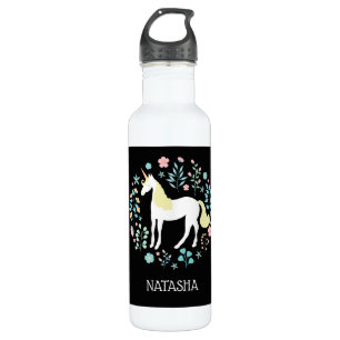 Botella De Agua Bonito Unicornio y flores negras personalizadas