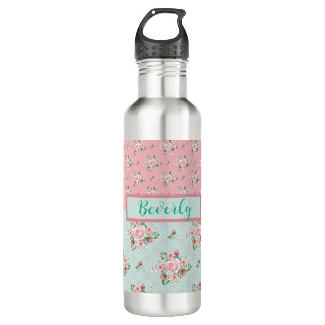 Botella De Agua Bonitos motivos florales verdes y rosas de la Casa (Anverso)