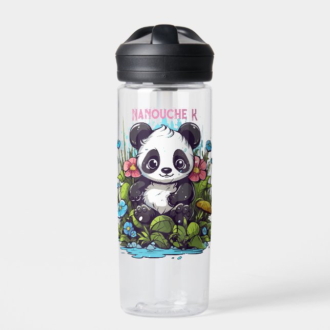 Botella De Agua bonitos pandas y flores (Delante)