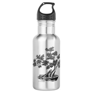 Botella De Agua Bonsai - Estilo Chino - blanco y negro