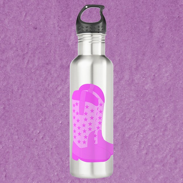 Botella De Agua Boots de cowboy con Stars Pink (A water bottle with a pair of pink cowboy boots.)