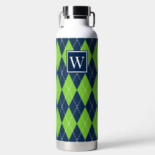 Botella De Agua Bordado a Mano Argyle - Lima y Azul Marino Monogra
