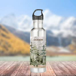 Botella De Agua Bosque acuático verde de pino en la montaña