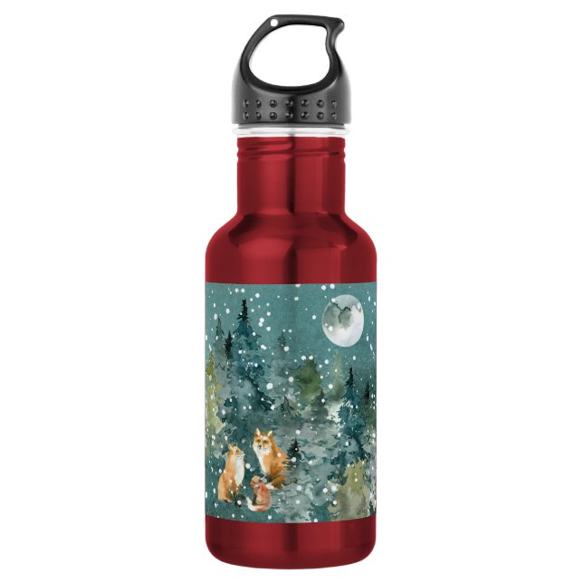 Botella De Agua Bosque de la familia Fox con luna llena vacaciones (Anverso)