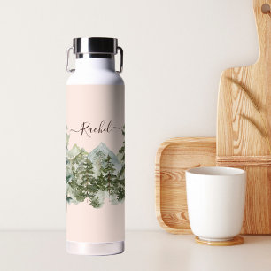 Botella De Agua Bosque de Pino Acuarela y Montaña Rústica