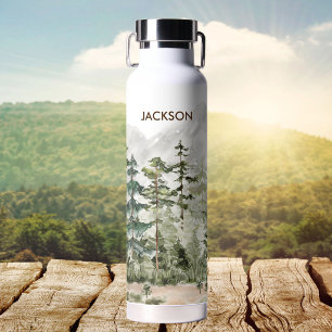 Botella De Agua Bosque de Pino Verde Acuarela en Montaña