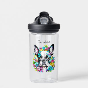 Botella De Agua Boston Terrier rodeado de flores personalizadas