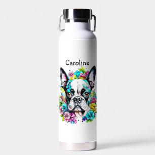 Botella De Agua Boston Terrier rodeado de flores personalizadas