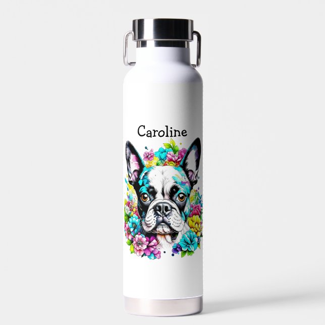 Botella De Agua Boston Terrier rodeado de Flores Personalizadas (Delantero)