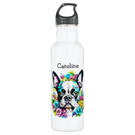 Botella De Agua Boston Terrier rodeado de flores personalizadas