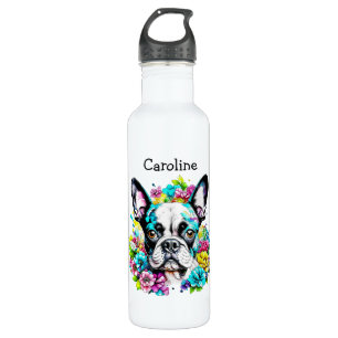 Botella De Agua Boston Terrier rodeado de flores personalizadas