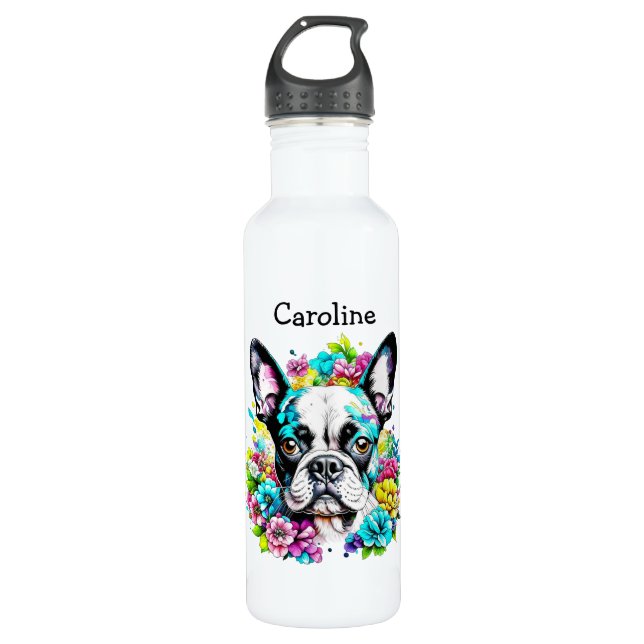 Botella De Agua Boston Terrier rodeado de flores personalizadas (Anverso)