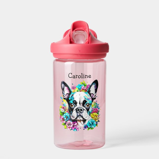 Botella De Agua Boston Terrier rodeado de Flores Personalizadas (Delante)