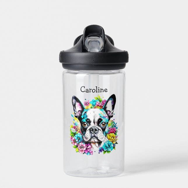 Botella De Agua Boston Terrier rodeado de Flores Personalizado (Delante)