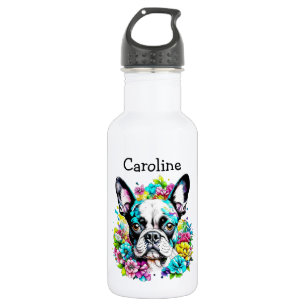 Botella De Agua Boston Terrier rodeado de Flores Personalizado