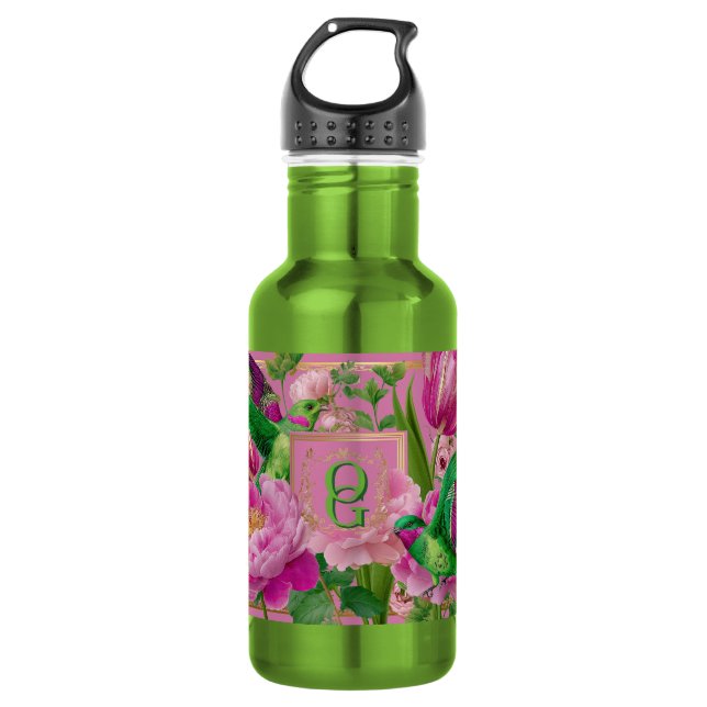 Botella De Agua Botánico Vibrante de Colibrí Monogramado (Anverso)