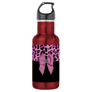 Botella De Agua Bow rosa con diamante en papel de leopardo