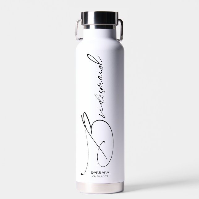 Botella De Agua Bridesmaid | Personalizado Black Modern Script (Delantero)