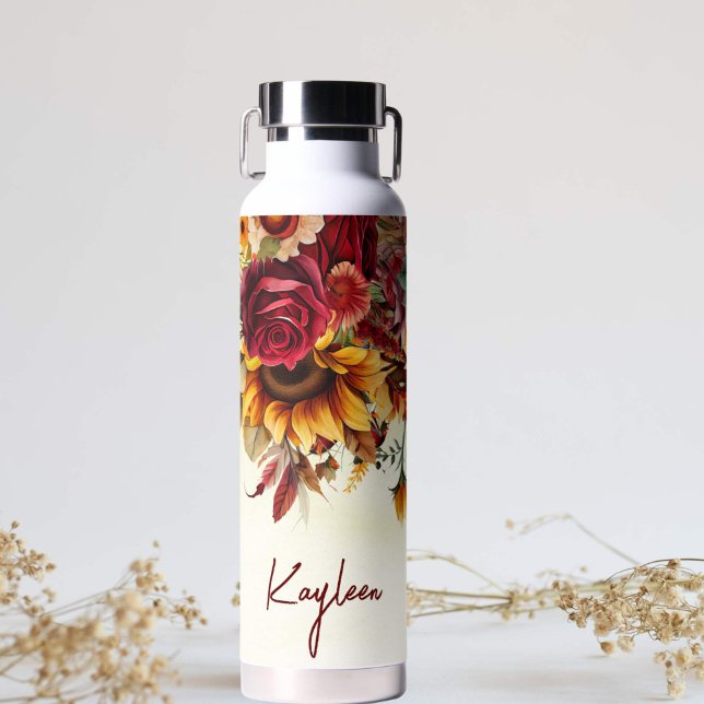 Botella De Agua Bridesmaid regalos rosas burdeos girasoles persona (Bridesmaid gifts personalized water bottle labels sunflowers burgundy roses fall themed )