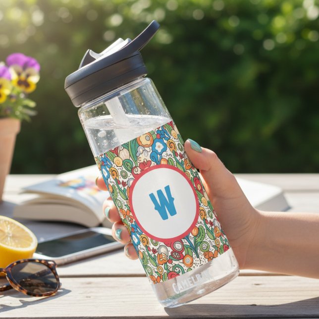 Botella De Agua Bright Floral Initial Water Bottle (Whimsical floral initial water bottle)