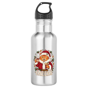 Botella De Agua Brindis Navidad Naranja Gato Santa Sombrero Bebida