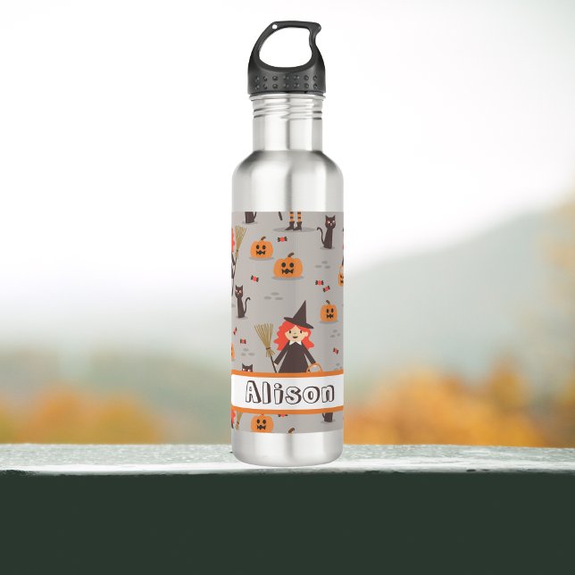 Botella De Agua Bruja de Halloween, calabaza, gato negro (Halloween Witch and pumpkins water bottle. perfect for trick or treat, back to school, hiking.)
