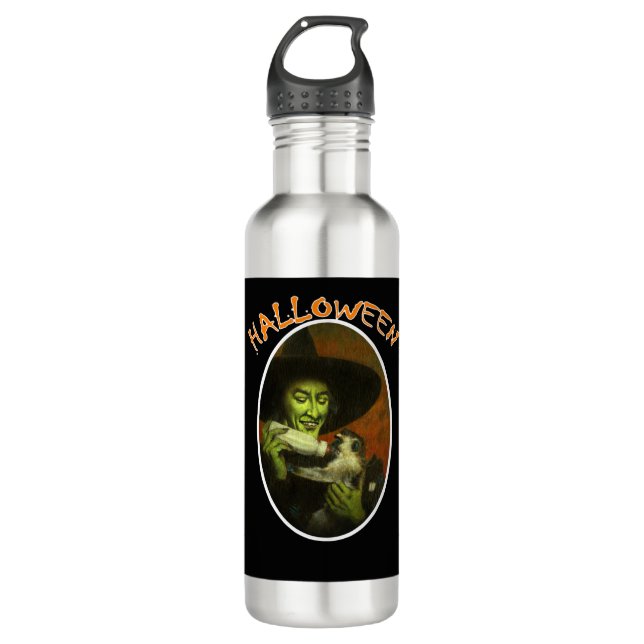 Botella De Agua Bruja De Halloween Y Mono Volador (Anverso)