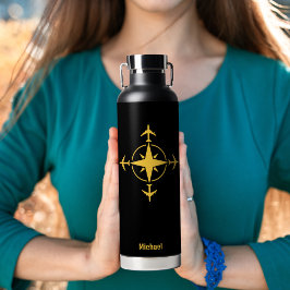 Botella De Agua Brújula y avión modernos simples, viaje personaliz