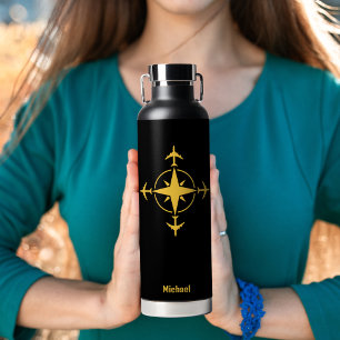 Botella De Agua Brújula y avión modernos simples, viaje personaliz