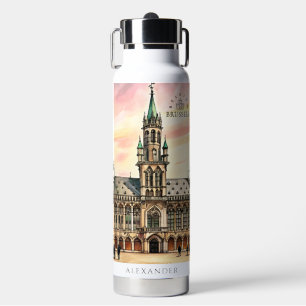 Botella De Agua Bruselas Bélgica Acuarela Gran Palacio