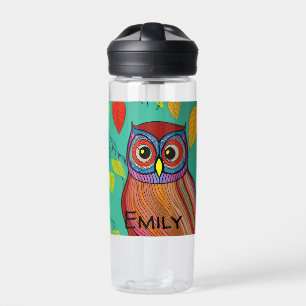 Botella De Agua Búho de arte folclórico raro y colorido personaliz