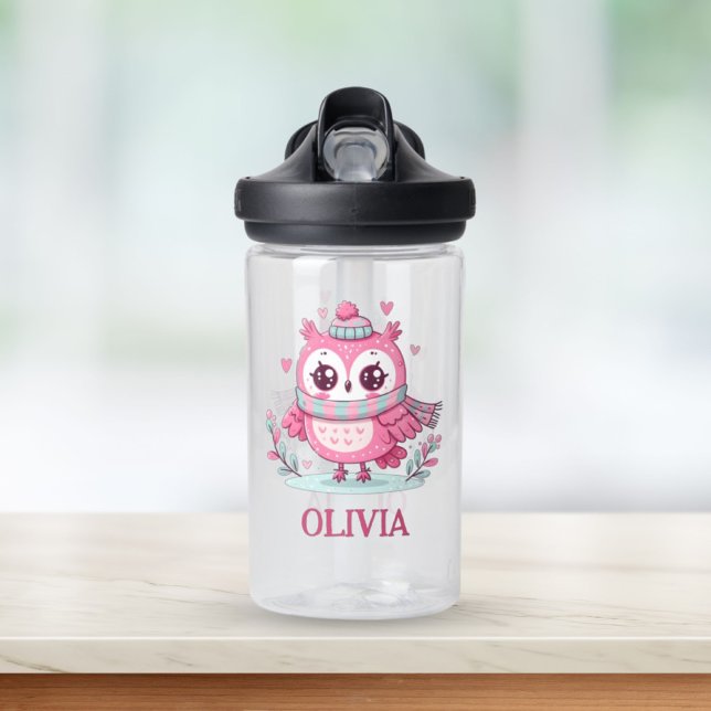 Botella De Agua Búho Rosa Pequeño y Lindo con Bufanda y Capucha (Subido por el creador)