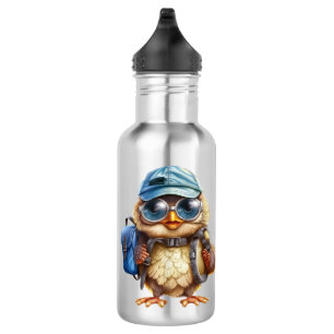 Botella De Agua Búho sabio con mochila azul, sombreros y un anteoj