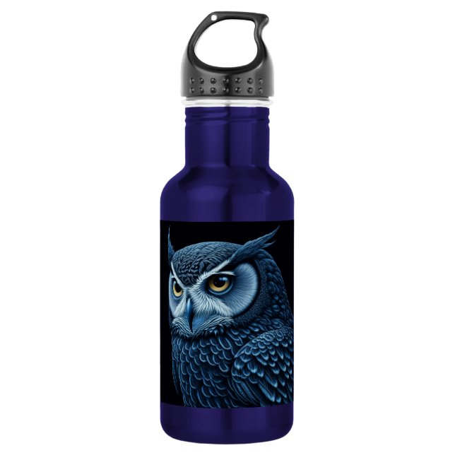 Botella De Agua Búho serio azul y negro (Anverso)
