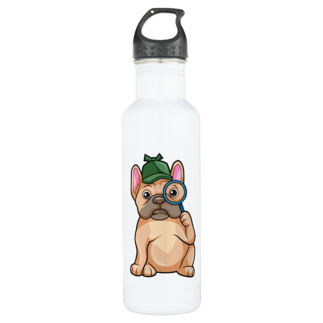 Botella De Agua Bulldog francés como detective con vidrio de magni (Anverso)