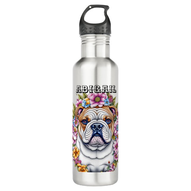Botella De Agua Bulldog personalizado y flores caprichosas (Anverso)
