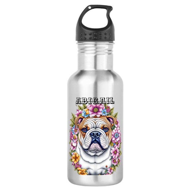Botella De Agua Bulldog personalizado y flores caprichosas (Anverso)