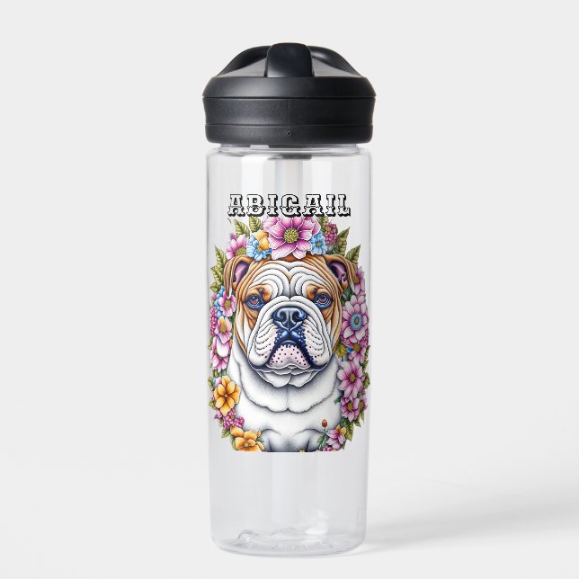 Botella De Agua Bulldog personalizado y flores caprichosas (Delante)